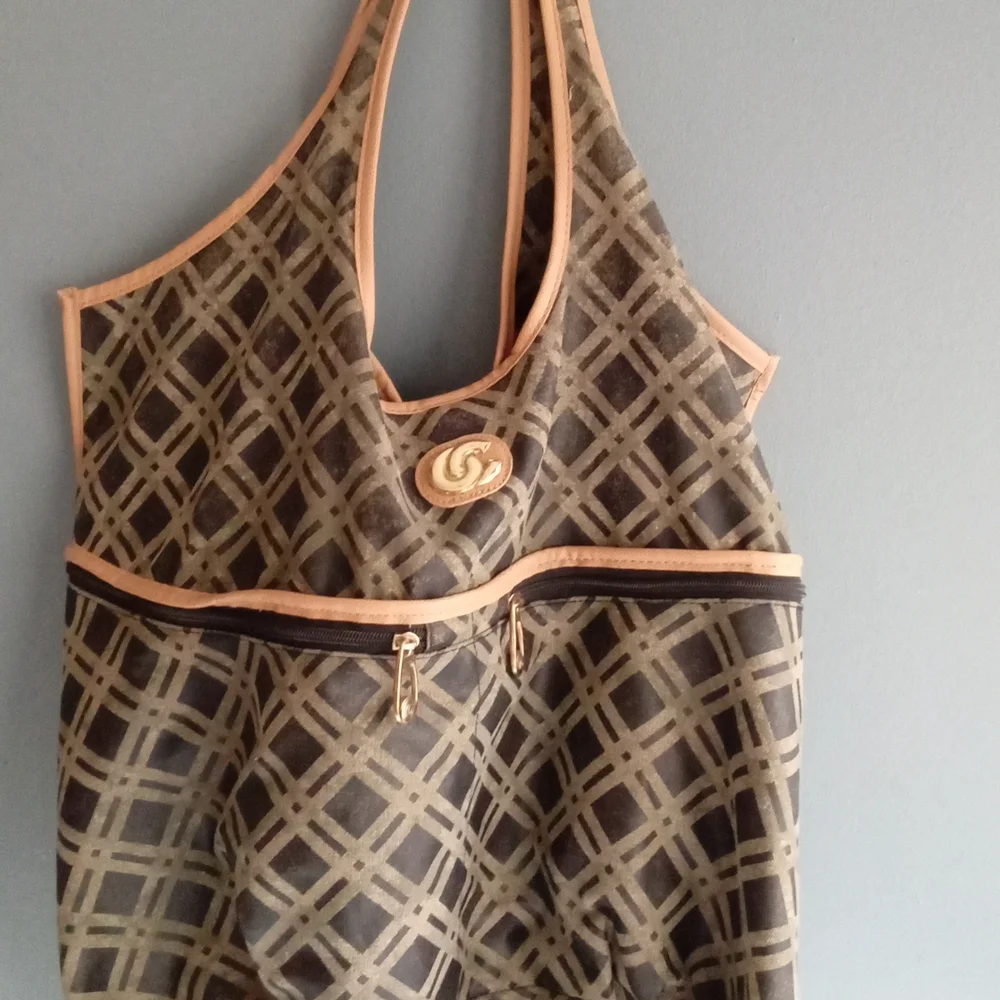 Designer Canvas Tote Bag Geometric Print Tan Beige‎ Zipper Pockets